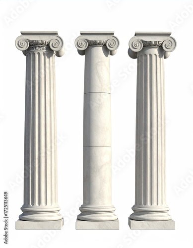 Three classical columns, Ionic, Doric, and Tuscan orders, rendered in white marble against a stark white background, showcasing distinct capitals and fluting