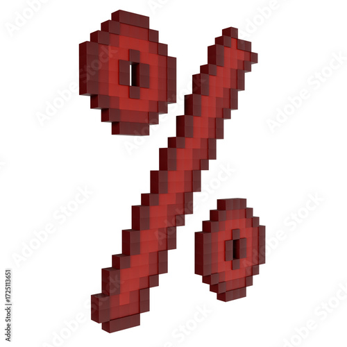 Pixelated red percentage sign symbol, 3D render pixel art style. Retro digital design element for discount, sale, finance, math, and marketing concepts.