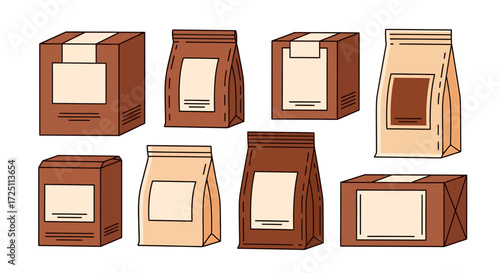 Diverse collection of blank packaging illustrations for coffee, tea, and retail dry goods branding mockups