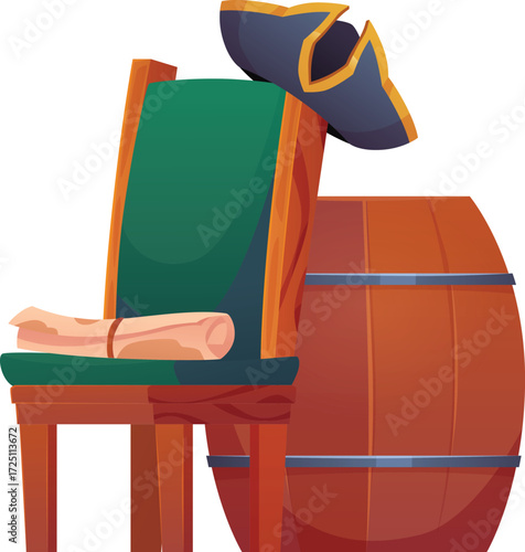 Pirate ship cabin furniture, antique captain armchair, rum wooden barrel, map scroll and hat, vector medieval buccaneer
