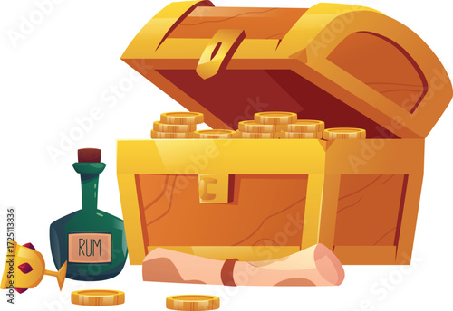 Treasure chest with Rum bottle, ancient paper scroll map and bejeweled glass flat vector icon, cartoon pirate treasure