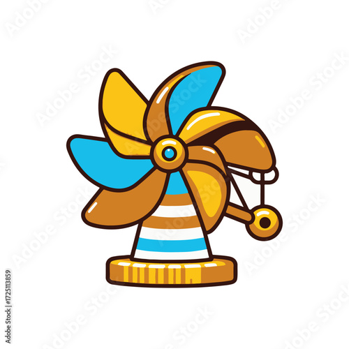 Colorful decorative windmill with vibrant blades spinning in a sunny outdoor setting