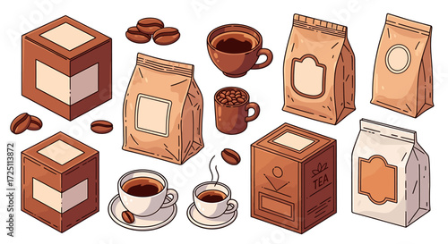 A hand-drawn vector set of coffee packaging mockups with cups, mugs, and roasted beans