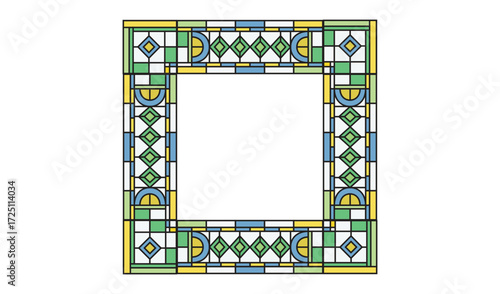 Intricate stained glass window frame with geometric patterns