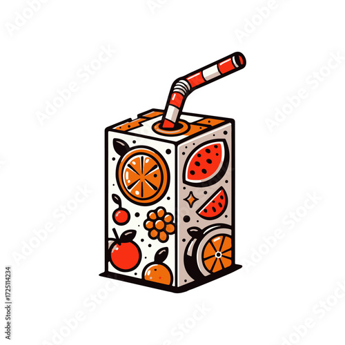 Colorful juice carton with various fruit illustrations and a straw, set against a simple background