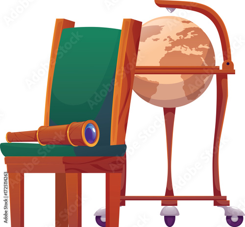 Pirate ship cabin furniture, antique captain armchair, spyglass and Earth globe, vector flat medieval buccaneer objects