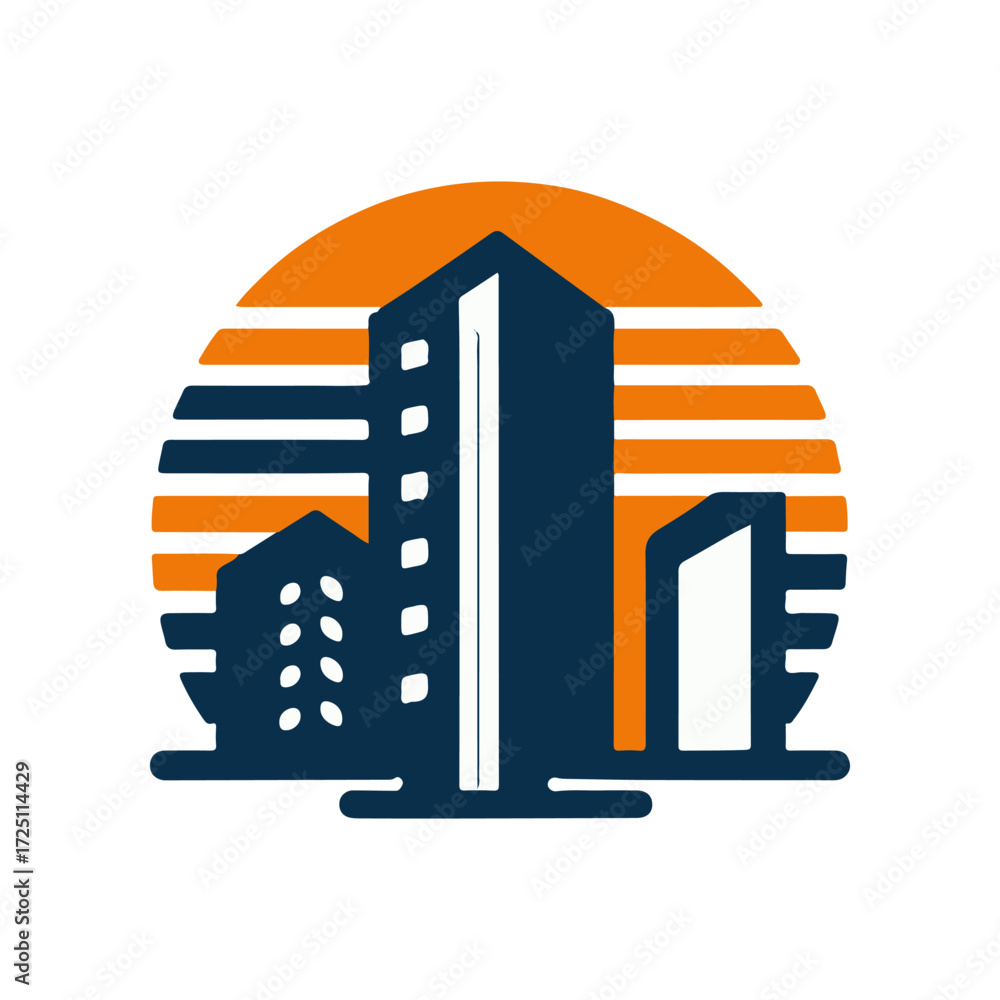 Obraz premium Modern city skyline at sunset with buildings silhouetted against an orange sun