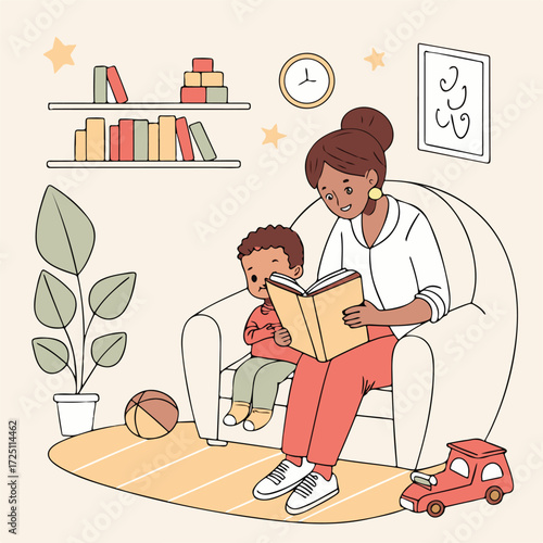 A mother and child immersed in the world of a book, snuggled in a comfortable chair in a serene setting, surrounded by elements of home, a moment of intimacy and imagination. 