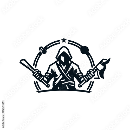 Mysterious cloaked figure wielding tools in a cosmic-themed background with stars