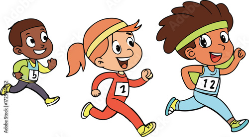 Three energetic young athletes in vibrant tracksuits participate in a dynamic race, embodying the spirit of sportsmanship and competition.