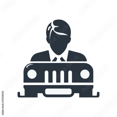 Professional driver in a suit sitting in a vintage car with an urban backdrop