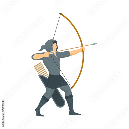 archer aiming bow, gray outfit, flat style clip art preview