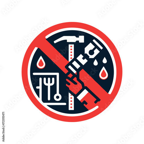 Prohibition sign depicting tools and blood droplets, emphasizing safety in construction environments