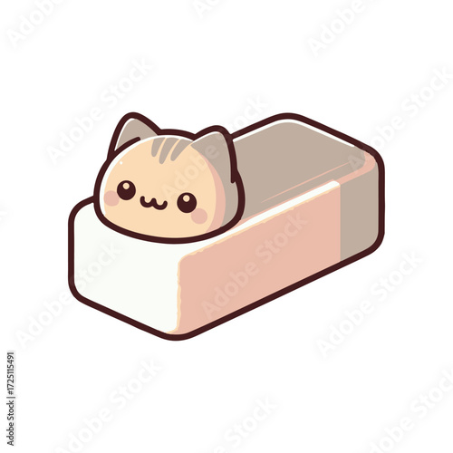 Cute cartoon cat peeking out from a cozy box, surrounded by a soft pastel background