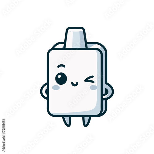 Cute cartoon character resembling a playful eraser with a happy expression and tiny feet