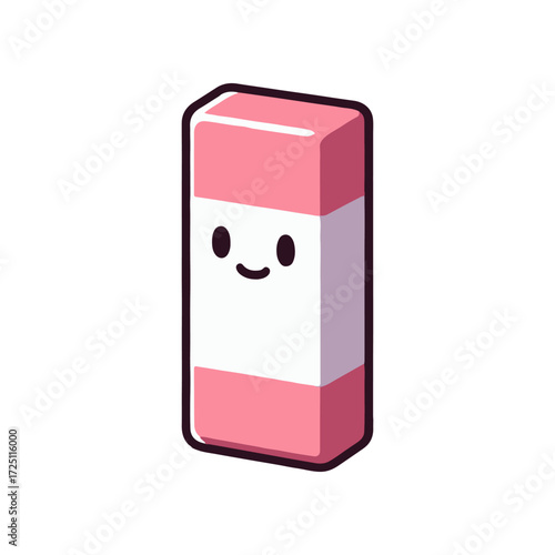 Cute cartoon eraser character smiling, set against a white background, ideal for school supplies