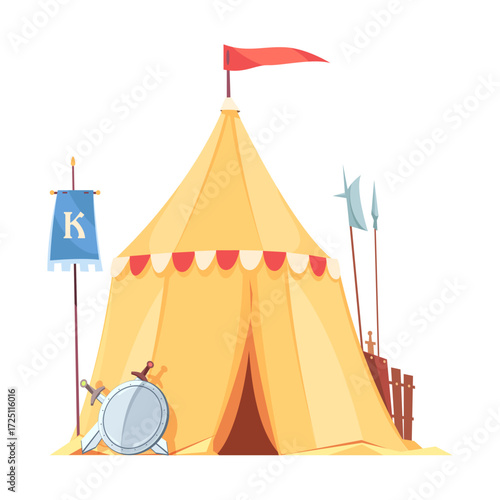 Cartoon illustration of a medieval king's royal pavilion tent with a banner, shield, and swords