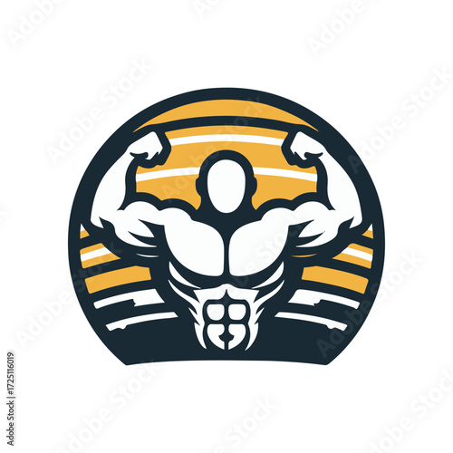 Strong muscular figure flexing in a circular sunset backdrop, symbolizing fitness and strength