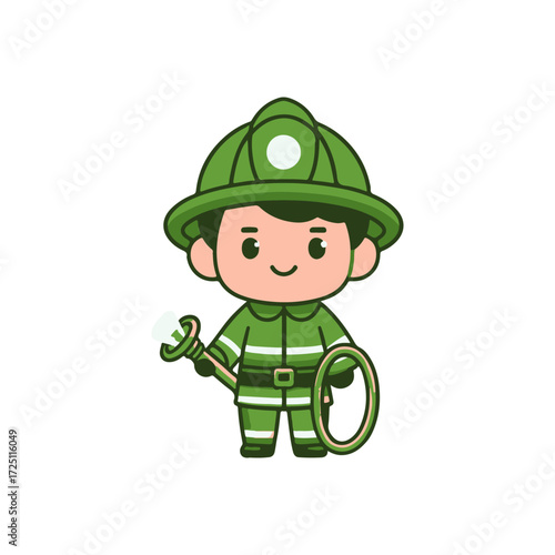 Cute cartoon firefighter holding a hose, ready for action in a bright, playful setting