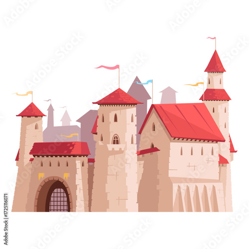 Cartoon illustration of a medieval fairytale castle with stone towers and red roofs