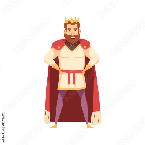 Proud and powerful cartoon king with a golden crown and red cape, a fairytale royal character