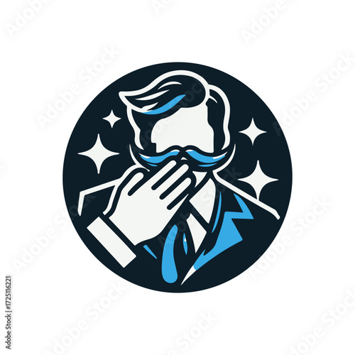 Stylish man with a mustache covering his face, surrounded by sparkling elements in a circular design