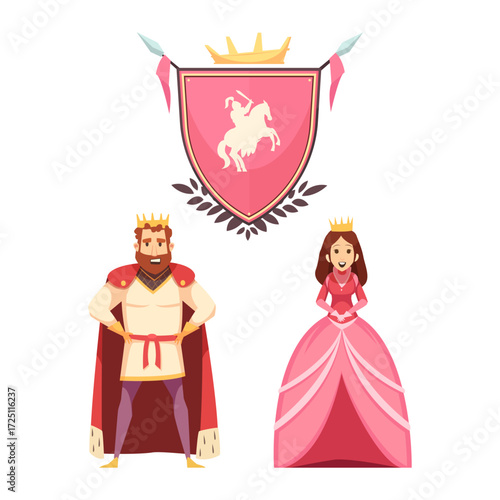 Regal cartoon king and queen characters standing with their royal kingdom coat of arms emblem