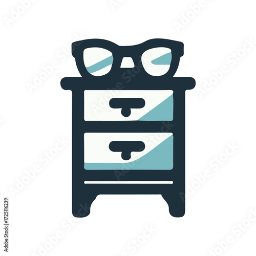 Stylish nightstand with glasses on top, featuring two drawers, set against a minimalist background