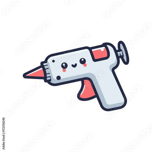 Cute cartoon hot glue gun with a smiling face, set against a plain white background, ideal for crafting