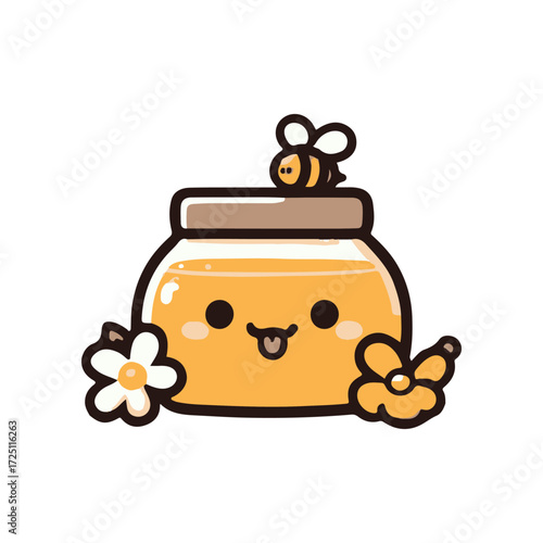 Cute cartoon honey jar with a smiling face, a bee on top, surrounded by flowers