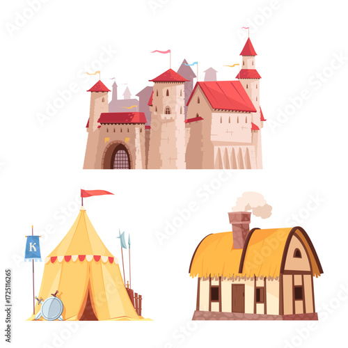 Set of isolated medieval fantasy buildings including a royal castle, knight's tent, and village cottage