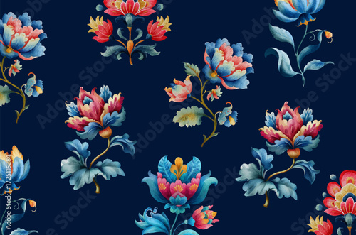Romantic floral ornaments appear in watercolor Jacobean style. The repeating motifs form boho-inspired textile artwork.  A timeless design captured in elegant vector.