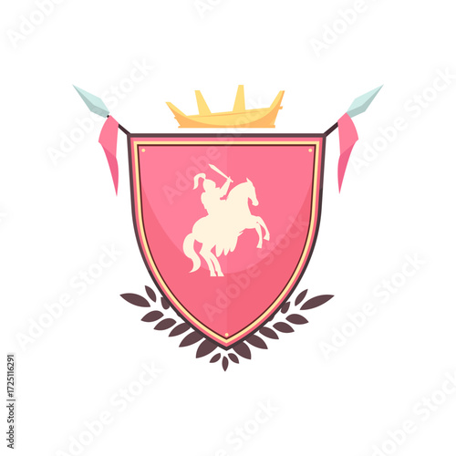 Heraldic pink shield with a knight on horseback silhouette, royal crown, and laurel wreath