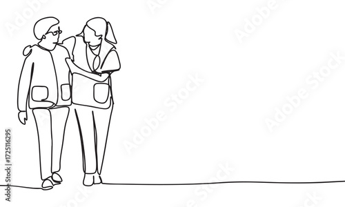 Two friends walking together, supporting each other