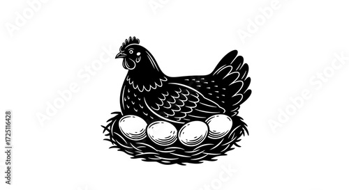 Vintage woodcut style vector art of a mother hen brooding on her clutch of eggs in a straw nest