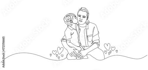 One line art illustration of a child kissing their father on the cheek while sitting together, surrounded by heart symbols