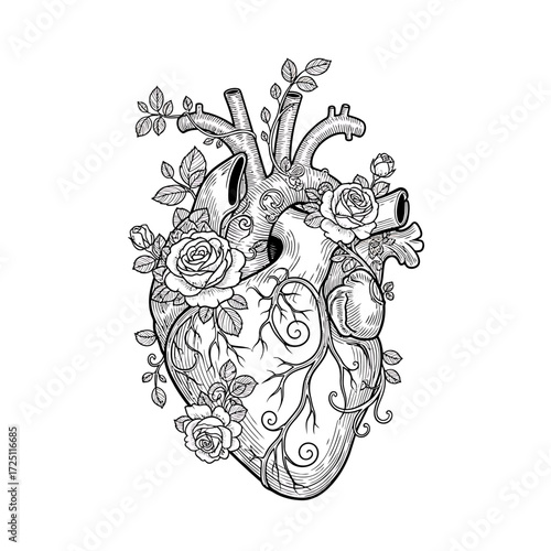 Anatomical Heart with Flowers Illustration, Romantic Symbolism and Medical Art Combined
