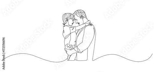 Minimalist one line drawing of a father holding his child closely, both touching foreheads with a tender and affectionate expression