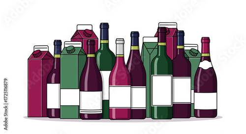 Assortment of Alcoholic Beverage Bottles and Cartons with Blank Labels