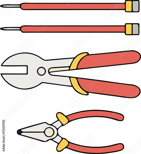 An illustration showcases various tools, including pliers and pick tools. This image embodies essential instruments, highlighting their design and construction.