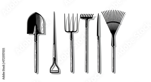 Agricultural Tools in a Row Essential Gardening Equipment for Cultivating the Land