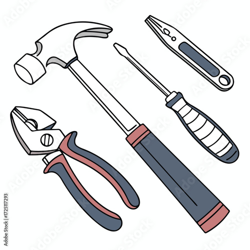 A carefully curated illustration showcasing essential tools like a hammer, screwdriver, pliers, and wire cutter, all meticulously rendered with simplicity.