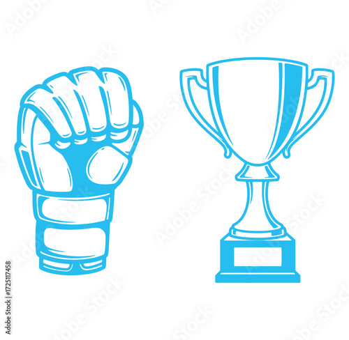 Vector illustration of a clenched fist and a trophy symbol representing achievement and victory.