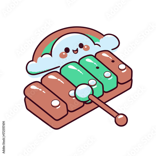 Cute cartoon xylophone with smiling cloud character, colorful design, playful atmosphere