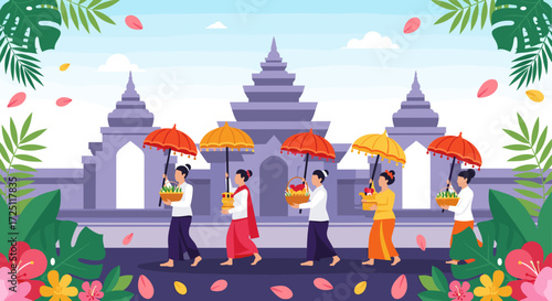 Colourful Spiritual Offering Procession at Temple in Indonesia, Traditional Artwork Illustration of Culture