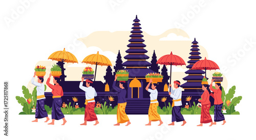 Spiritual Offering Procession at Temple, Colourful Artwork of People in Traditional Clothing, Sunrise in Bali