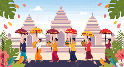 People Offering Colorful Rituals at Bali Temple, Spiritual Artwork Illustrating Traditional Culture in Southeast Asia