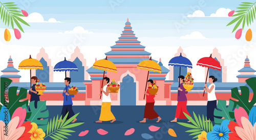 Spiritual Offering Procession at Temple, Tropical Indonesia, Vector Artwork, Sunrise View, Cultural Ritual