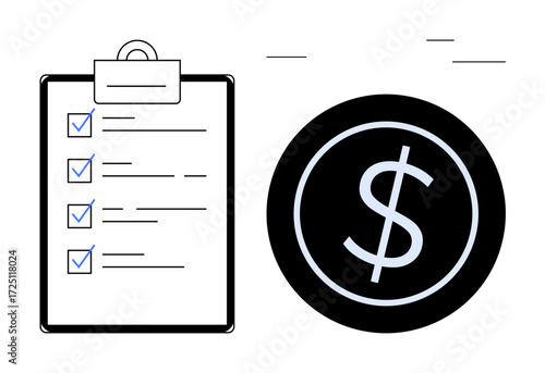 Clipboard with checklist beside a large dollar sign. Ideal for finance, planning, business strategy, organization, goals, budget management, and productivity. Simple flat metaphor