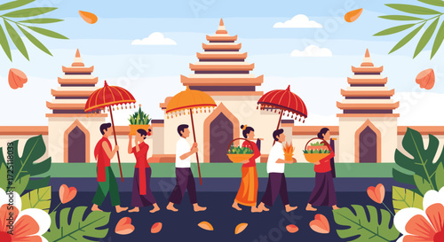 Colorful Artwork of People Worshiping at Temple in Tropical Bali, Southeast Asia